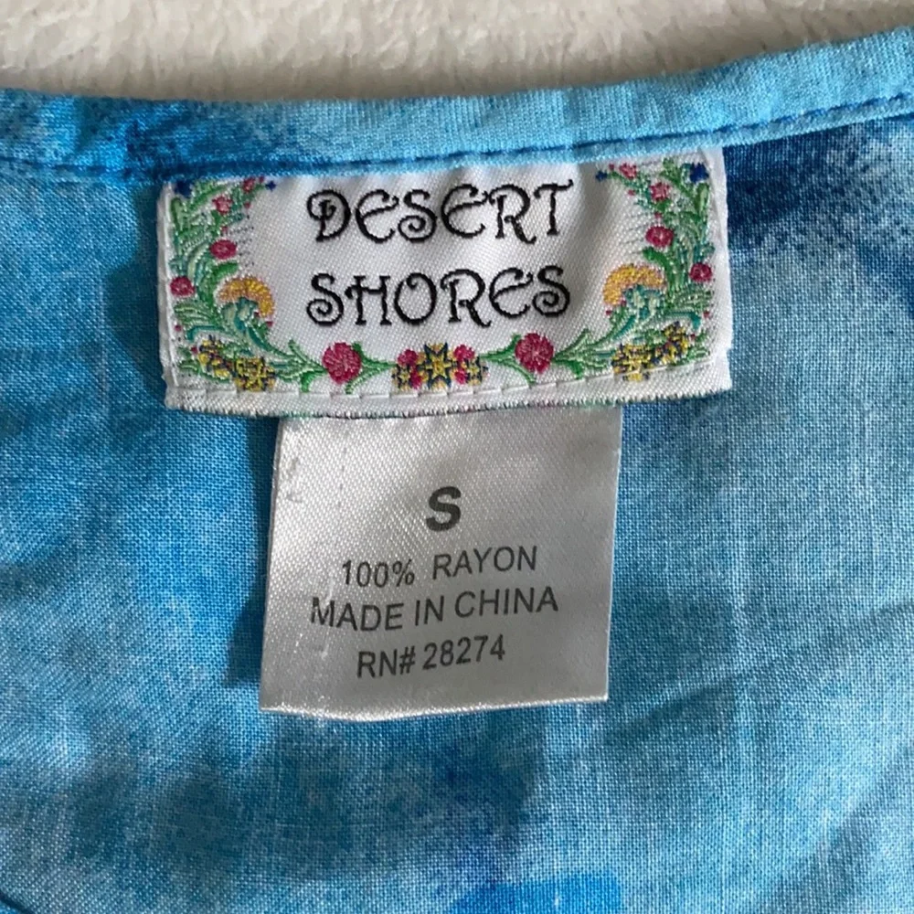 {VTG} Desert Shores | Tropical Palm Tree Leaf Print Short Sleeve Midi Dress Blue - Picture 8 of 15